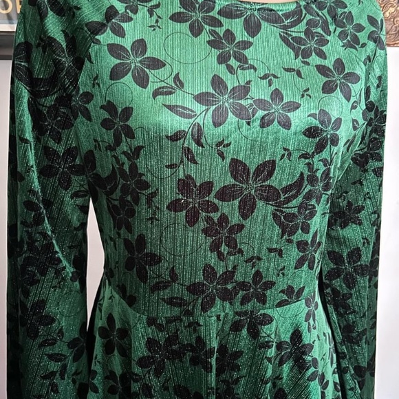 Unique Vintage Green Velvet & Black Floral Flare Dress - L/10-12 - Picture 3 of 10